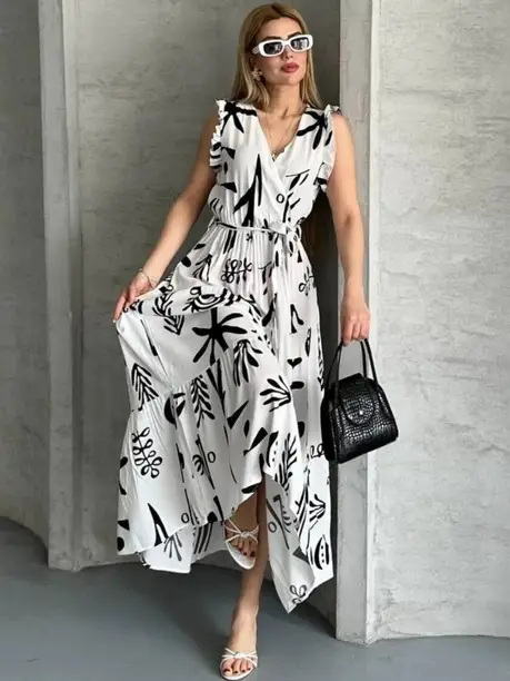 White Abstract Print Ruffle Maxi Dress